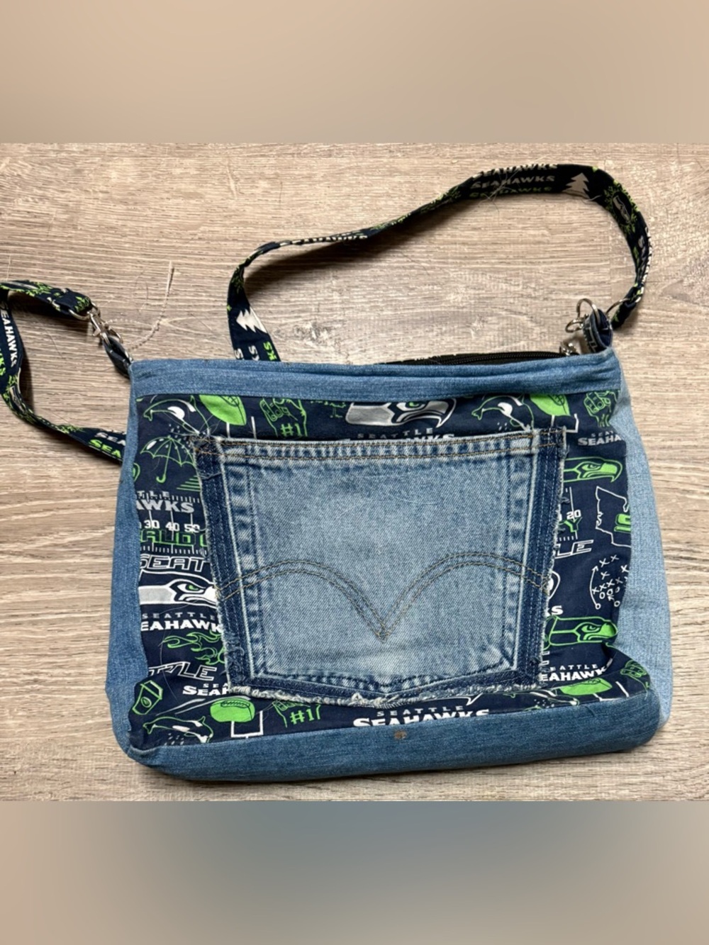 Seattle Seahawks Denim Crossbody Bag | Upcycled Purse NFL Fan Gear Artisan Tote - Picture 4 of 5